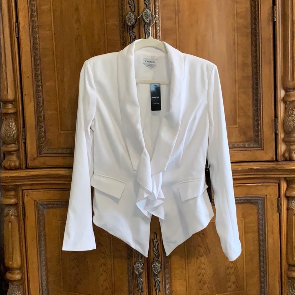 White Bebe Drape Front Twill Blazer Sz 8